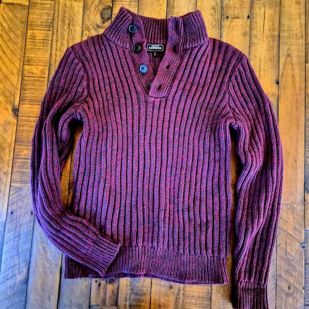 Express Chunky Ribbed Knit Button Mock Neck Sweater Burgundy Wine Medium